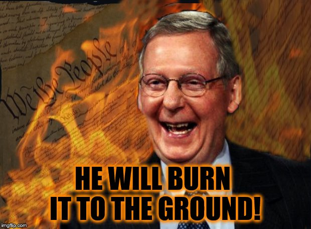 THE END | HE WILL BURN 
IT TO THE GROUND! | image tagged in mitch mcconnell,donald trump,impeach trump,trump is a moron,traitors | made w/ Imgflip meme maker