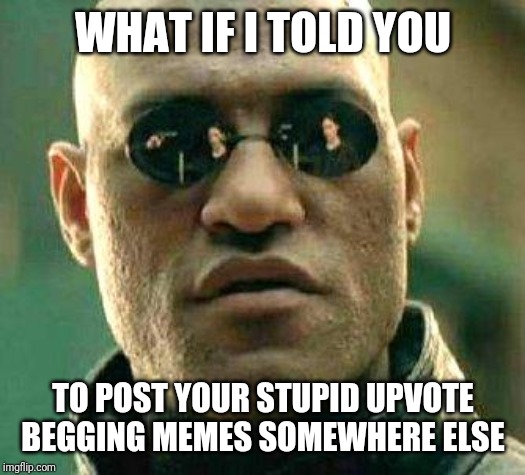 What if i told you | WHAT IF I TOLD YOU; TO POST YOUR STUPID UPVOTE BEGGING MEMES SOMEWHERE ELSE | image tagged in what if i told you | made w/ Imgflip meme maker