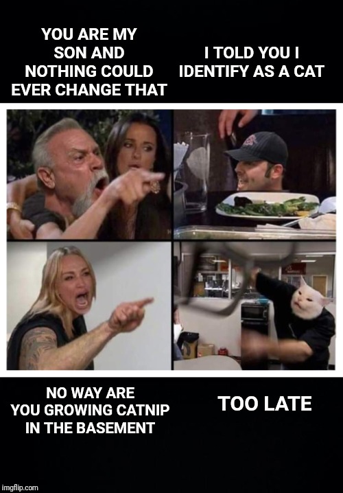 American Chopper - Woman yelling at cat mashup | YOU ARE MY SON AND NOTHING COULD EVER CHANGE THAT; I TOLD YOU I IDENTIFY AS A CAT; TOO LATE; NO WAY ARE YOU GROWING CATNIP IN THE BASEMENT | image tagged in woman yelling at cat,american chopper argument,catnip | made w/ Imgflip meme maker