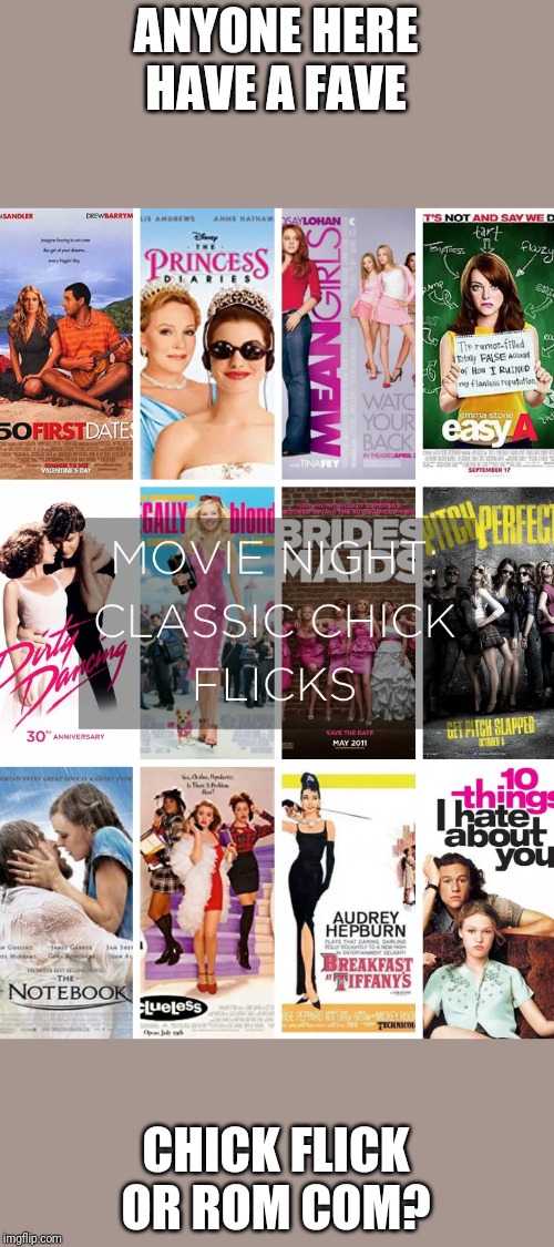 ANYONE HERE HAVE A FAVE; CHICK FLICK OR ROM COM? | made w/ Imgflip meme maker