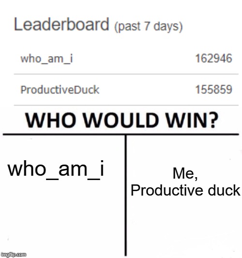 who would win | Me, Productive duck; who_am_i | image tagged in memes,who would win,leaderboard,productivity,points,imgflip points | made w/ Imgflip meme maker