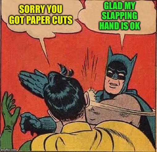 Batman Slapping Robin Meme | SORRY YOU GOT PAPER CUTS GLAD MY SLAPPING HAND IS OK | image tagged in memes,batman slapping robin | made w/ Imgflip meme maker
