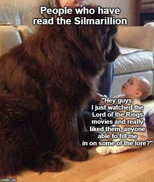 based on NonDescript's template. | image tagged in lord of the rings,lotr,the hobbit,silmarillion,dog and baby | made w/ Imgflip meme maker
