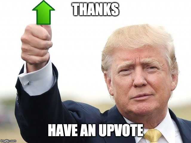 Trump Upvote | THANKS HAVE AN UPVOTE | image tagged in trump upvote | made w/ Imgflip meme maker
