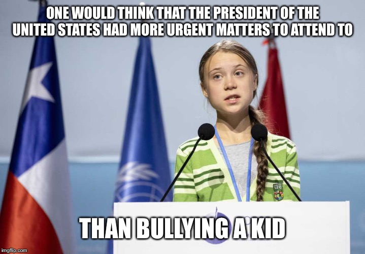 Who is being the adult in the room? | ONE WOULD THINK THAT THE PRESIDENT OF THE UNITED STATES HAD MORE URGENT MATTERS TO ATTEND TO; THAN BULLYING A KID | image tagged in greta thunberg | made w/ Imgflip meme maker