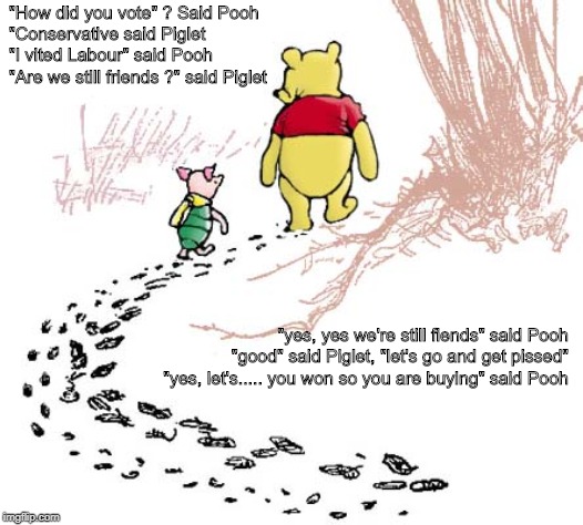 pooh | "How did you vote" ? Said Pooh
"Conservative said Piglet
"I vited Labour" said Pooh
"Are we still friends ?" said Piglet; "yes, yes we're still fiends" said Pooh
"good" said Piglet, "let's go and get pissed"
"yes, let's..... you won so you are buying" said Pooh | image tagged in pooh | made w/ Imgflip meme maker