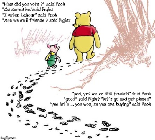 pooh | "How did you vote ?" said Pooh
"Conservative"said Piglet
"I voted Labour" said Pooh
"Are we still friends ? said Piglet; "yes, yes we're still friends" said Pooh
"good" said Piglet "let's go and get pissed"
"yes let's ... you won, so you are buying" said Pooh | image tagged in pooh | made w/ Imgflip meme maker