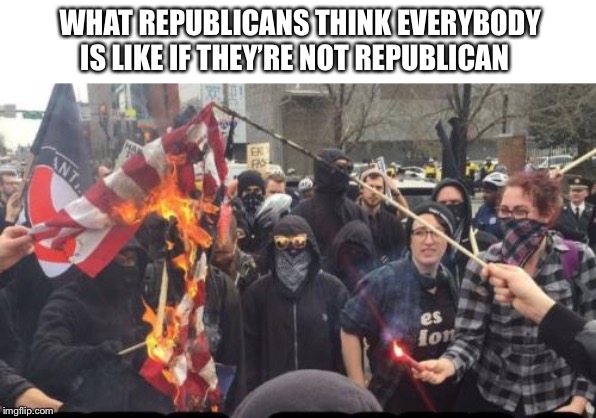 Antifa Democrat Leftist Terrorist | WHAT REPUBLICANS THINK EVERYBODY IS LIKE IF THEY’RE NOT REPUBLICAN | image tagged in antifa democrat leftist terrorist | made w/ Imgflip meme maker