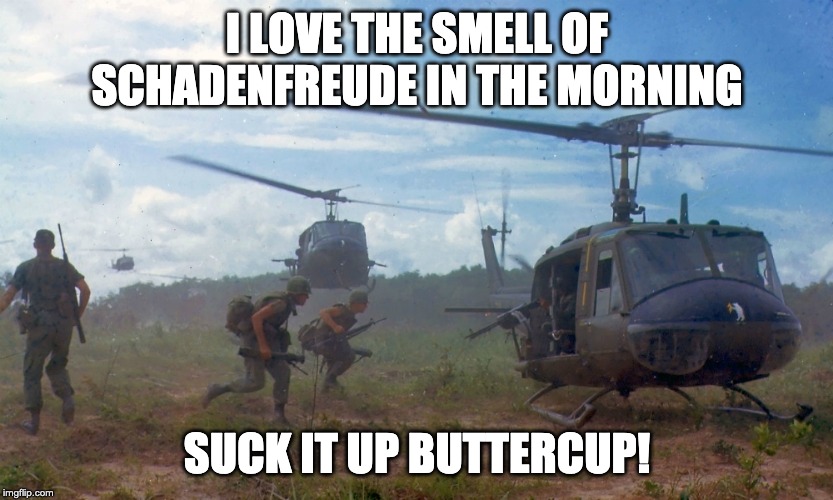 Schadenfreude | I LOVE THE SMELL OF SCHADENFREUDE IN THE MORNING; SUCK IT UP BUTTERCUP! | image tagged in schadenfreude,victory,suck it up buttercup | made w/ Imgflip meme maker
