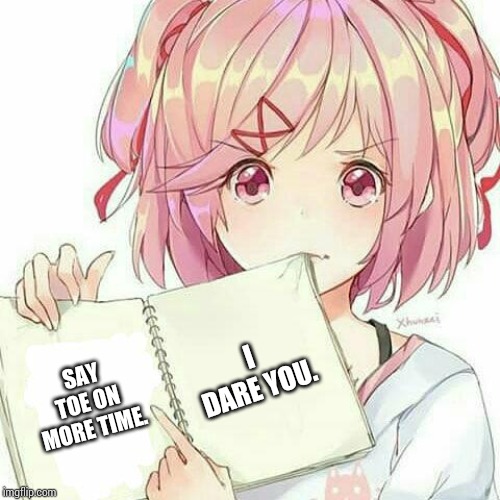 Natsuki's Book Of Truth | SAY TOE ON MORE TIME. I DARE YOU. | image tagged in natsuki's book of truth | made w/ Imgflip meme maker