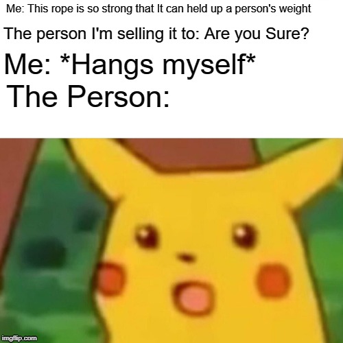 Surprised Pikachu Meme | Me: This rope is so strong that It can held up a person's weight; The person I'm selling it to: Are you Sure? Me: *Hangs myself*; The Person: | image tagged in memes,surprised pikachu | made w/ Imgflip meme maker