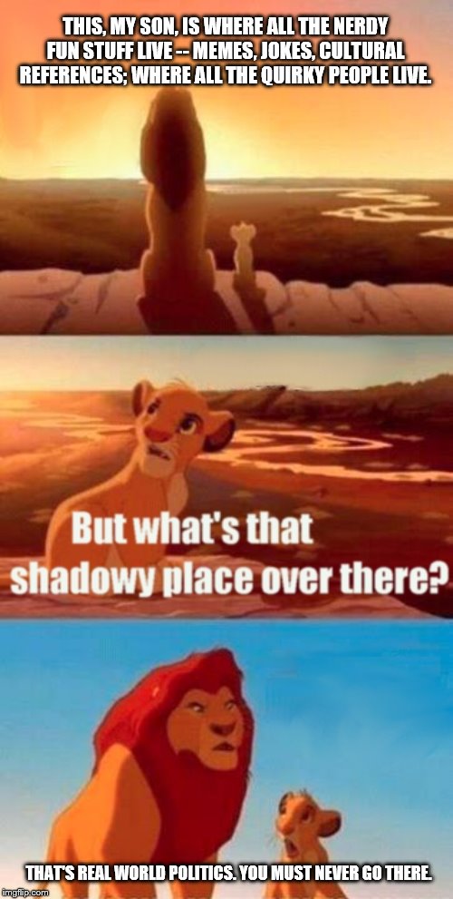 Simba Shadowy Place Meme | THIS, MY SON, IS WHERE ALL THE NERDY FUN STUFF LIVE -- MEMES, JOKES, CULTURAL REFERENCES; WHERE ALL THE QUIRKY PEOPLE LIVE. THAT'S REAL WORLD POLITICS. YOU MUST NEVER GO THERE. | image tagged in memes,simba shadowy place | made w/ Imgflip meme maker