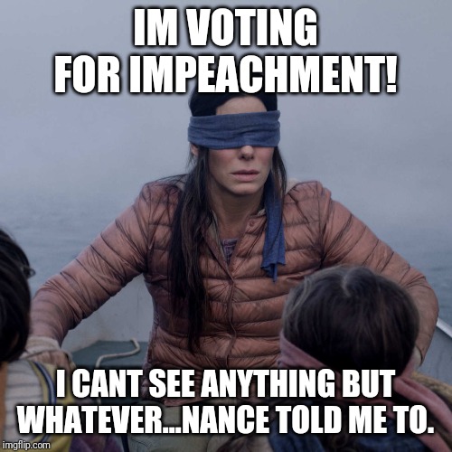The Blind Leading the Stupid.... | IM VOTING FOR IMPEACHMENT! I CANT SEE ANYTHING BUT WHATEVER...NANCE TOLD ME TO. | image tagged in special kind of stupid,liberal logic,maga,nancy pelosi wtf,snowflakes,democrats | made w/ Imgflip meme maker