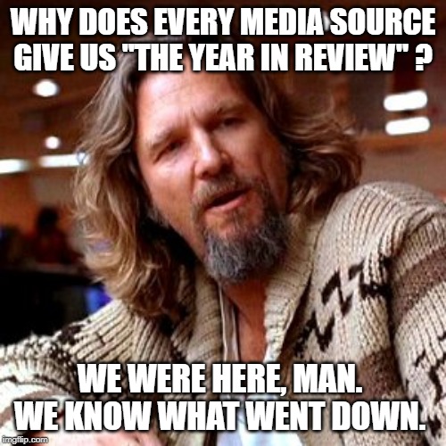 Confused Lebowski Meme | WHY DOES EVERY MEDIA SOURCE GIVE US "THE YEAR IN REVIEW" ? WE WERE HERE, MAN.  WE KNOW WHAT WENT DOWN. | image tagged in memes,confused lebowski | made w/ Imgflip meme maker