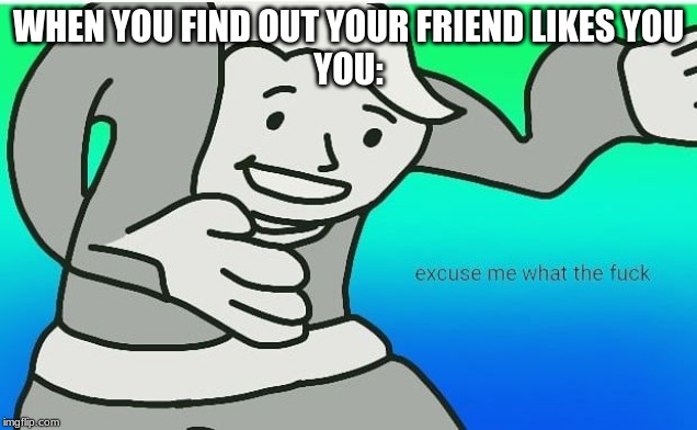 Very relatible as it just happened | WHEN YOU FIND OUT YOUR FRIEND LIKES YOU
YOU: | image tagged in fallout boy excuse me wyf | made w/ Imgflip meme maker