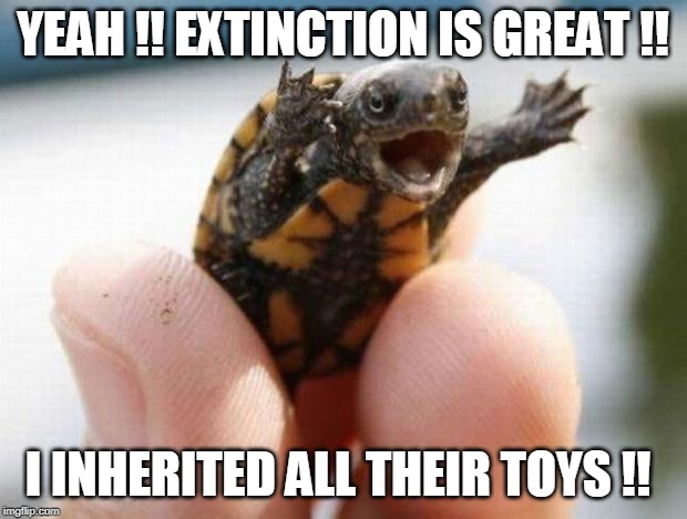 happy baby turtle | YEAH !! EXTINCTION IS GREAT !! I INHERITED ALL THEIR TOYS !! | image tagged in happy baby turtle | made w/ Imgflip meme maker
