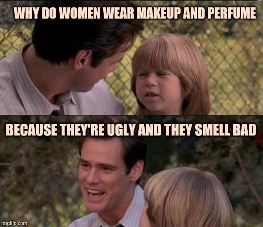 Father and son | WHY DO WOMEN WEAR MAKEUP AND PERFUME; BECAUSE THEY'RE UGLY AND THEY SMELL BAD | image tagged in memes,thats just something x say | made w/ Imgflip meme maker