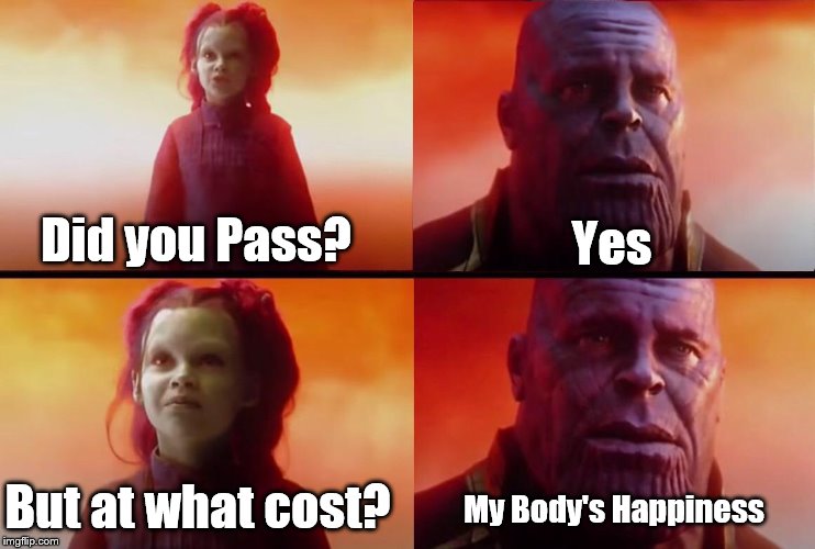 What did it cost? | Did you Pass? Yes; But at what cost? My Body's Happiness | image tagged in what did it cost | made w/ Imgflip meme maker