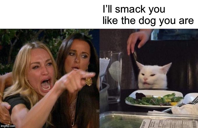 Woman Yelling At Cat Meme | I’ll smack you like the dog you are | image tagged in memes,woman yelling at cat | made w/ Imgflip meme maker