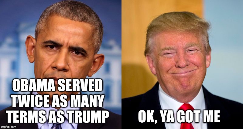 Obama and Trump | OBAMA SERVED TWICE AS MANY TERMS AS TRUMP OK, YA GOT ME | image tagged in obama and trump | made w/ Imgflip meme maker
