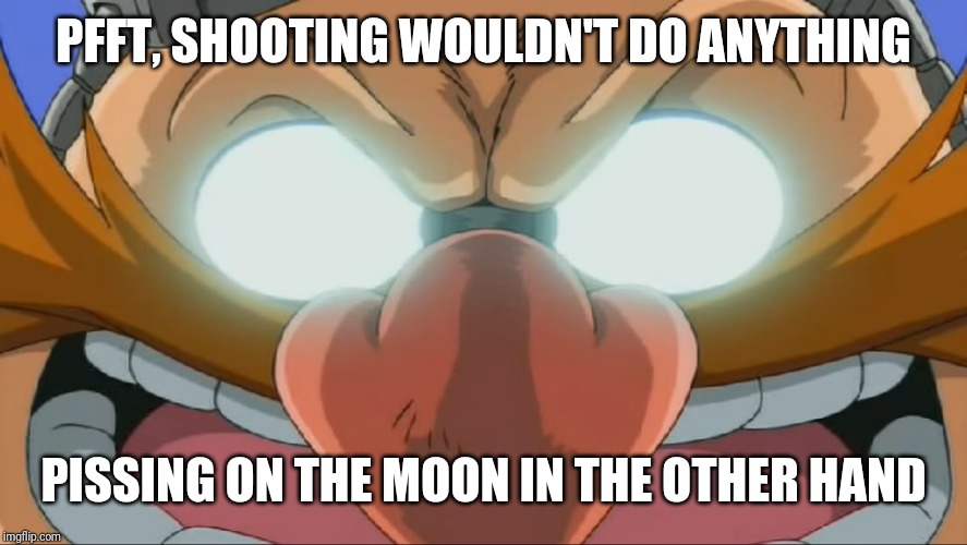 Evil Eggman - Sonic X | PFFT, SHOOTING WOULDN'T DO ANYTHING PISSING ON THE MOON IN THE OTHER HAND | image tagged in evil eggman - sonic x | made w/ Imgflip meme maker