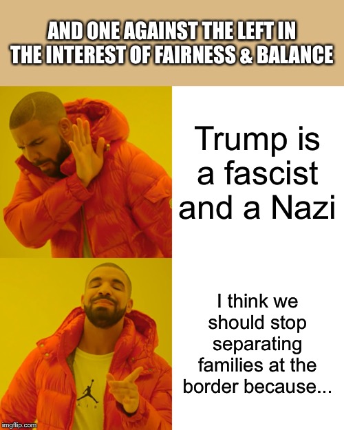 Examples of respectful political discourse. 3. | AND ONE AGAINST THE LEFT IN THE INTEREST OF FAIRNESS & BALANCE; Trump is a fascist and a Nazi; I think we should stop separating families at the border because... | image tagged in memes,drake hotline bling,trump,border,respect,nazi | made w/ Imgflip meme maker