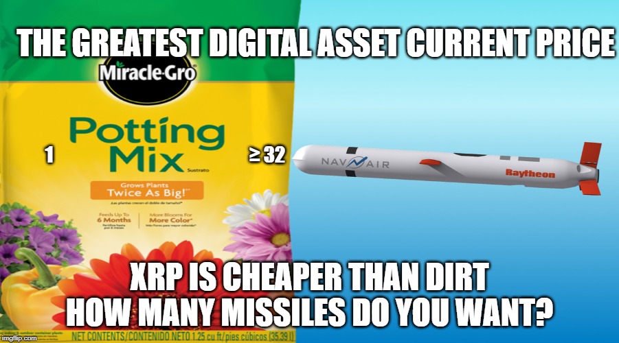 THE GREATEST DIGITAL ASSET CURRENT PRICE; 1                                                      ≥ 32; XRP IS CHEAPER THAN DIRT
HOW MANY MISSILES DO YOU WANT? | image tagged in comparison | made w/ Imgflip meme maker
