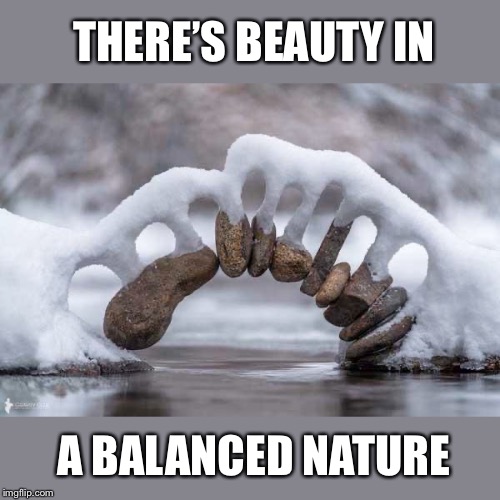 Find your balance | THERE’S BEAUTY IN; A BALANCED NATURE | image tagged in balance,rocks,snow,beautiful,nature,positive thinking | made w/ Imgflip meme maker