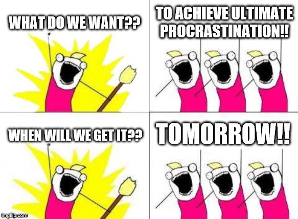 What Do We Want | WHAT DO WE WANT?? TO ACHIEVE ULTIMATE PROCRASTINATION!! TOMORROW!! WHEN WILL WE GET IT?? | image tagged in memes,what do we want | made w/ Imgflip meme maker