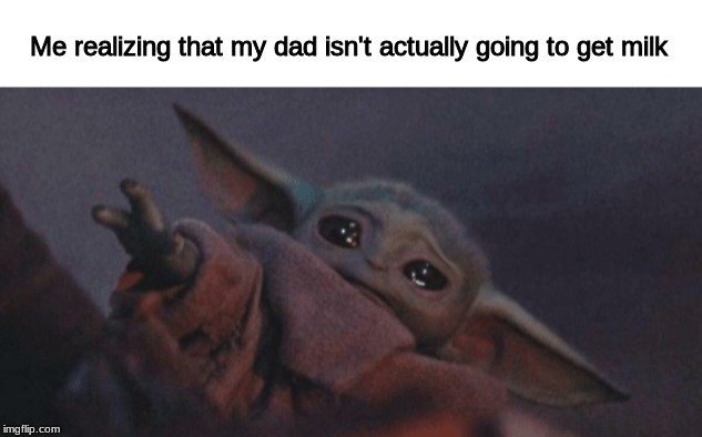 So no milk? | Me realizing that my dad isn't actually going to get milk | image tagged in baby yoda cry,memes,funny,funny memes,fun,baby yoda | made w/ Imgflip meme maker