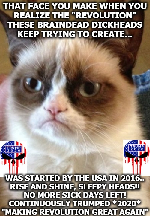 TRUMPY CAT 2020 | THAT FACE YOU MAKE WHEN YOU
REALIZE THE "REVOLUTION" THESE BRAINDEAD DICKHEADS
KEEP TRYING TO CREATE... WAS STARTED BY THE USA IN 2016..
RISE AND SHINE, SLEEPY HEADS!!
NO MORE SICK DAYS LEFT!
CONTINUOUSLY TRUMPED *2020*
"MAKING REVOLUTION GREAT AGAIN" | image tagged in trump 2016,donald trump approves,president trump,cnn spins trump news,trump for president,grumpy cat news | made w/ Imgflip meme maker