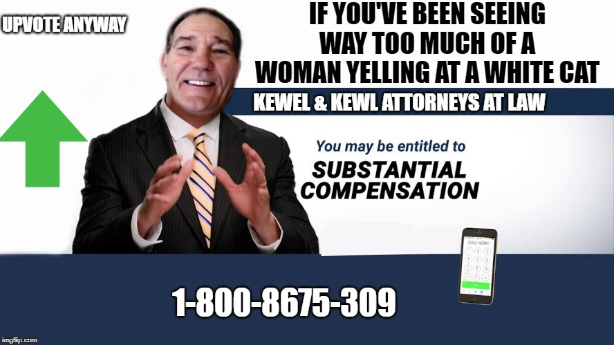 IF YOU'VE BEEN SEEING WAY TOO MUCH OF A WOMAN YELLING AT A WHITE CAT 1-800-8675-309 KEWEL & KEWL ATTORNEYS AT LAW UPVOTE ANYWAY | made w/ Imgflip meme maker