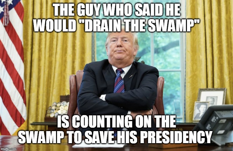 THE GUY WHO SAID HE WOULD "DRAIN THE SWAMP"; IS COUNTING ON THE SWAMP TO SAVE HIS PRESIDENCY | image tagged in trump,drain the swamp | made w/ Imgflip meme maker