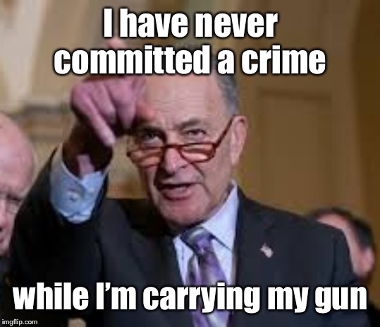 Schmuck Shumer | I have never committed a crime while I’m carrying my gun | image tagged in schmuck shumer | made w/ Imgflip meme maker