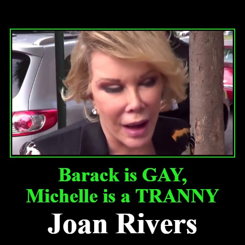 Barack is GAY, Michelle is a TRANNY | Barack is GAY, Michelle is a TRANNY | Joan Rivers | image tagged in funny,demotivationals,joan rivers,barack is gay,michelle is a tranny,first faggots in the white house | made w/ Imgflip demotivational maker