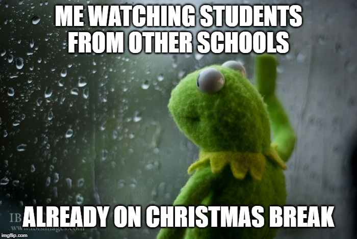 Watching out my study room window | ME WATCHING STUDENTS FROM OTHER SCHOOLS; ALREADY ON CHRISTMAS BREAK | image tagged in kermit window | made w/ Imgflip meme maker