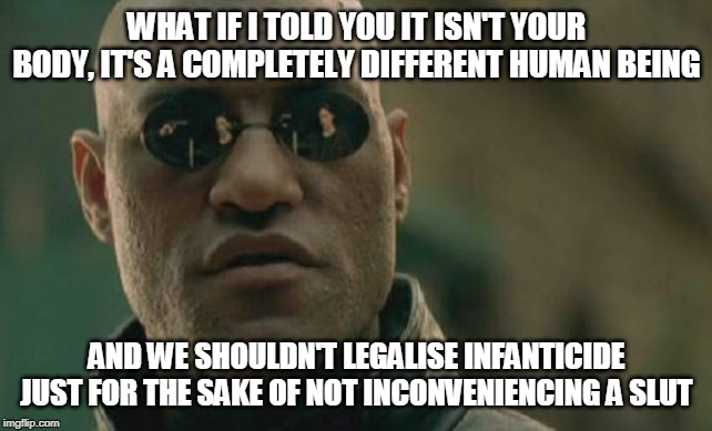 Matrix Morpheus Meme | WHAT IF I TOLD YOU IT ISN'T YOUR BODY, IT'S A COMPLETELY DIFFERENT HUMAN BEING AND WE SHOULDN'T LEGALISE INFANTICIDE JUST FOR THE SAKE OF NO | image tagged in memes,matrix morpheus | made w/ Imgflip meme maker