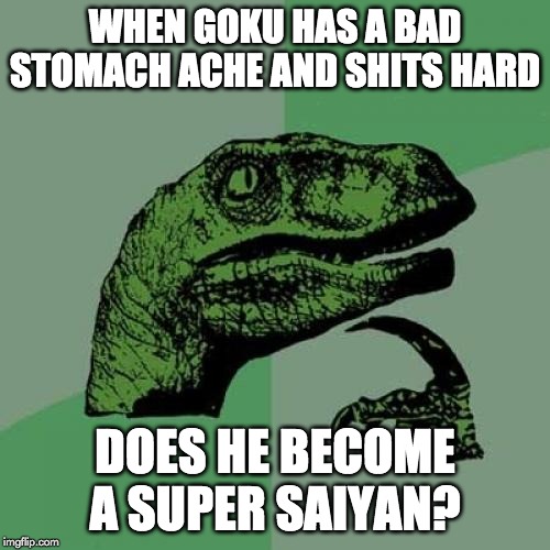 Philosoraptor | WHEN GOKU HAS A BAD STOMACH ACHE AND SHITS HARD; DOES HE BECOME A SUPER SAIYAN? | image tagged in memes,philosoraptor | made w/ Imgflip meme maker