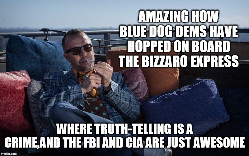 AMAZING HOW BLUE DOG DEMS HAVE HOPPED ON BOARD THE BIZZARO EXPRESS WHERE TRUTH-TELLING IS A CRIME,AND THE FBI AND CIA ARE JUST AWESOME | made w/ Imgflip meme maker