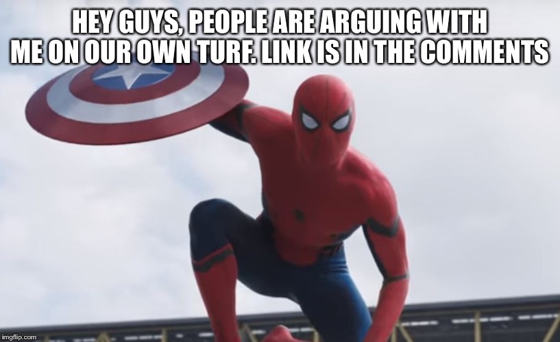 Spider man Hey Guys | HEY GUYS, PEOPLE ARE ARGUING WITH ME ON OUR OWN TURF. LINK IS IN THE COMMENTS | image tagged in spider man hey guys | made w/ Imgflip meme maker