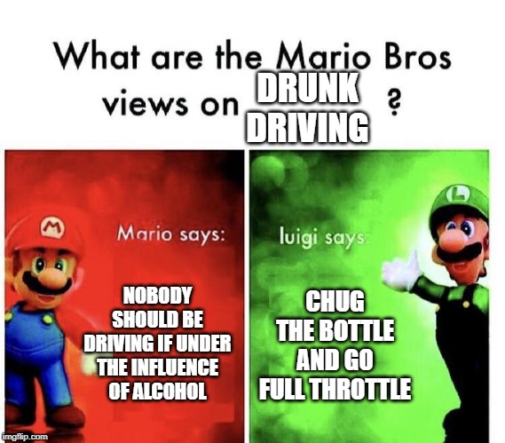 Mario Bros Views |  DRUNK DRIVING; NOBODY SHOULD BE DRIVING IF UNDER THE INFLUENCE OF ALCOHOL; CHUG THE BOTTLE
AND GO FULL THROTTLE | image tagged in mario bros views,drunk driving | made w/ Imgflip meme maker