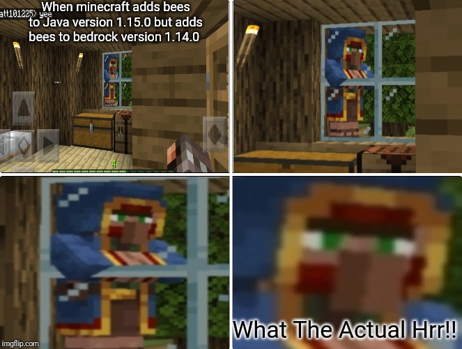 Blank Comic Panel 2x2 Meme | When minecraft adds bees to Java version 1.15.0 but adds bees to bedrock version 1.14.0; What The Actual Hrr!! | image tagged in memes,blank comic panel 2x2 | made w/ Imgflip meme maker