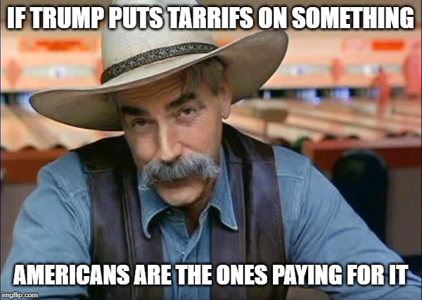 Sam Elliott special kind of stupid | IF TRUMP PUTS TARRIFS ON SOMETHING AMERICANS ARE THE ONES PAYING FOR IT | image tagged in sam elliott special kind of stupid | made w/ Imgflip meme maker
