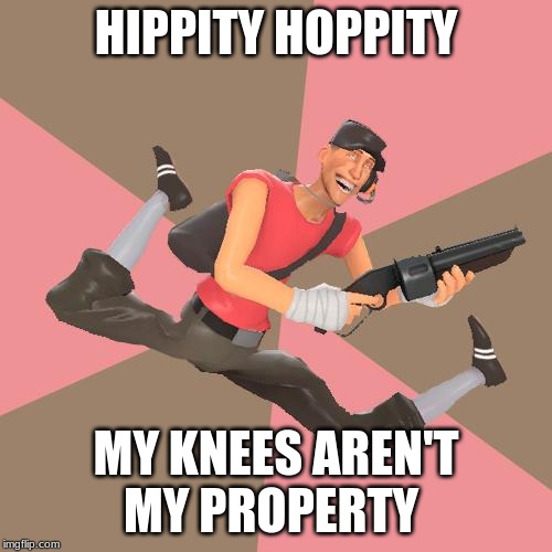TF2 Troll Scout | HIPPITY HOPPITY; MY KNEES AREN'T MY PROPERTY | image tagged in tf2 troll scout | made w/ Imgflip meme maker