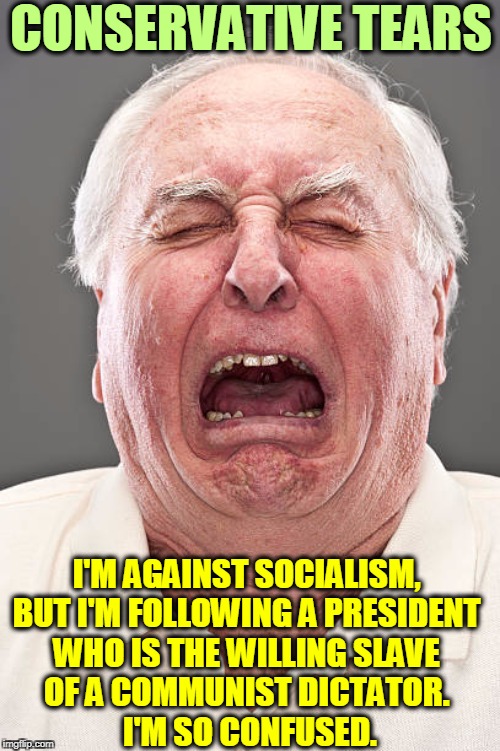 Conservative Tears - Socialism | CONSERVATIVE TEARS; I'M AGAINST SOCIALISM, 
BUT I'M FOLLOWING A PRESIDENT 
WHO IS THE WILLING SLAVE 
OF A COMMUNIST DICTATOR. 
I'M SO CONFUSED. | image tagged in conservative tears,trump,putin,socialism,communism,russia | made w/ Imgflip meme maker