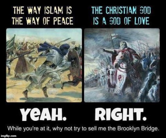 image tagged in christianity,islam,religion,peace,love,the abrahamic god | made w/ Imgflip meme maker