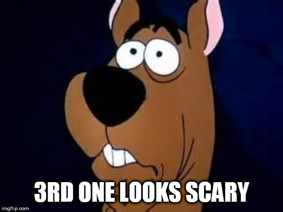 Scooby Doo Surprised | 3RD ONE LOOKS SCARY | image tagged in scooby doo surprised | made w/ Imgflip meme maker