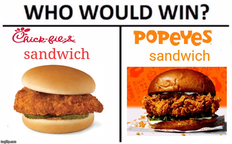 Who would win?The Chick-fil-A Sandwich or Popeyes Chicken Sandwich | sandwich; sandwich | image tagged in memes,who would win,restaurant,food,fast food,sandwich | made w/ Imgflip meme maker