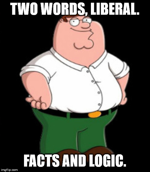 Smiling Peter Griffin  | TWO WORDS, LIBERAL. FACTS AND LOGIC. | image tagged in smiling peter griffin | made w/ Imgflip meme maker