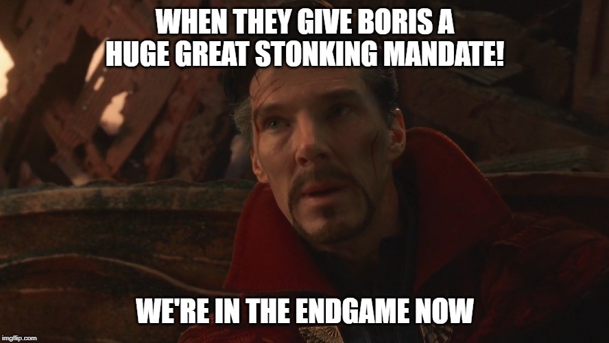 UK election 2019 | WHEN THEY GIVE BORIS A HUGE GREAT STONKING MANDATE! WE'RE IN THE ENDGAME NOW | image tagged in boris johnson,uk election 2019,great stonking mandate,avengers endgame,tory | made w/ Imgflip meme maker